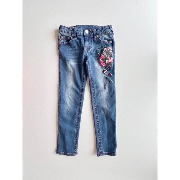 Girls' TRUE RELIGION Floral Patch Medium Dark Rinse Skinny Jeans, Size 6X - Picture 1 of 16
